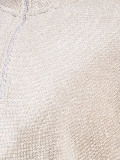 Beige Jacquard Half-Zip High-Neck Sweatshirt