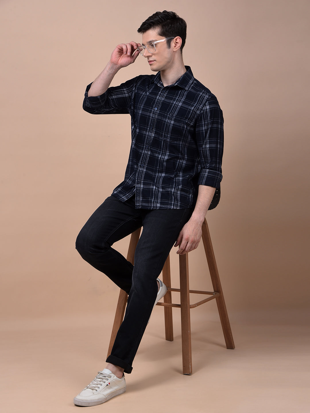 Navy Blue Checked 100% Cotton Shirt