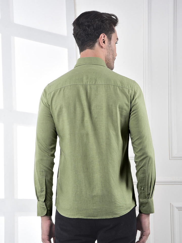 Green Linen Blend Casual Shirt