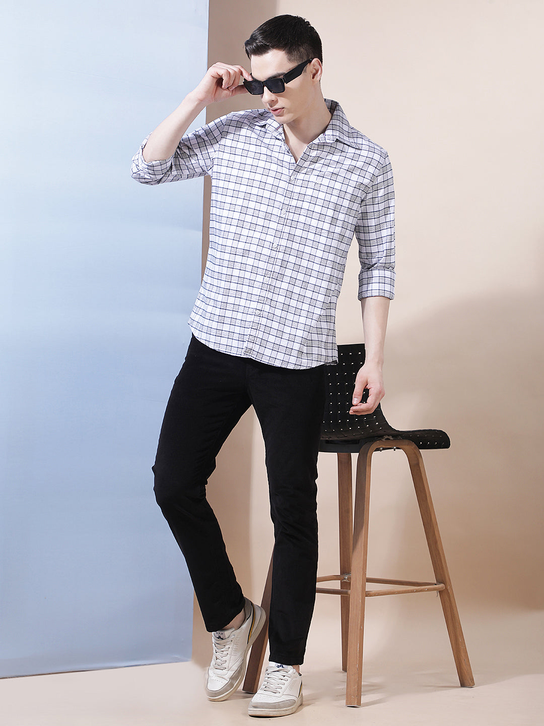 White Checked Button-Down Collar 100% Cotton Shirt