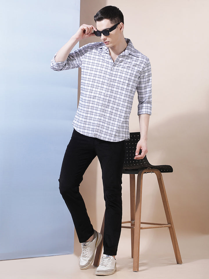 White Checked Button-Down Collar 100% Cotton Shirt