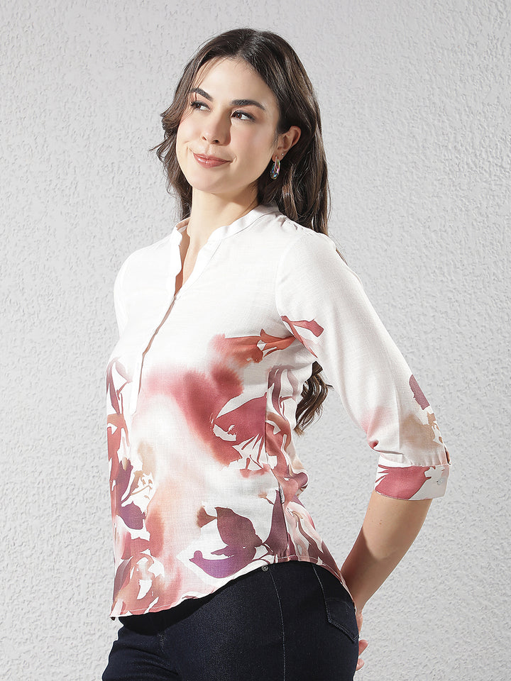 Brown Printed V-Neck Top