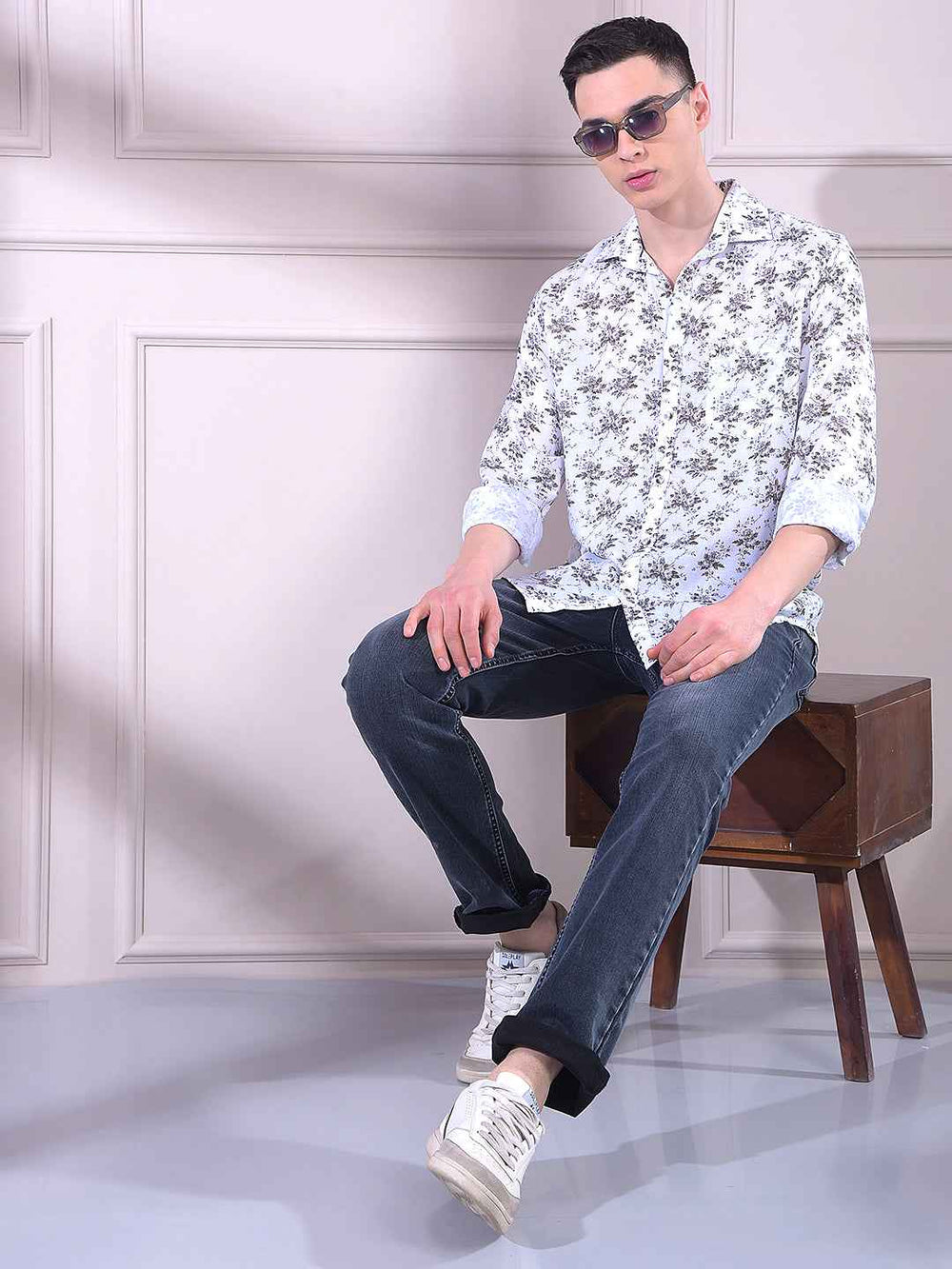 White Linen Floral Print Shirt
