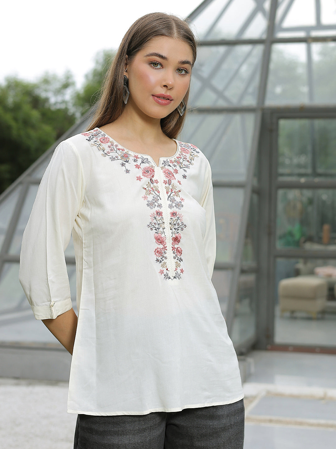 White Embroidered Crew Neck Top