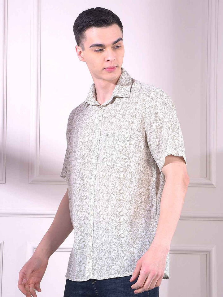 Olive Linen Floral Print Shirt