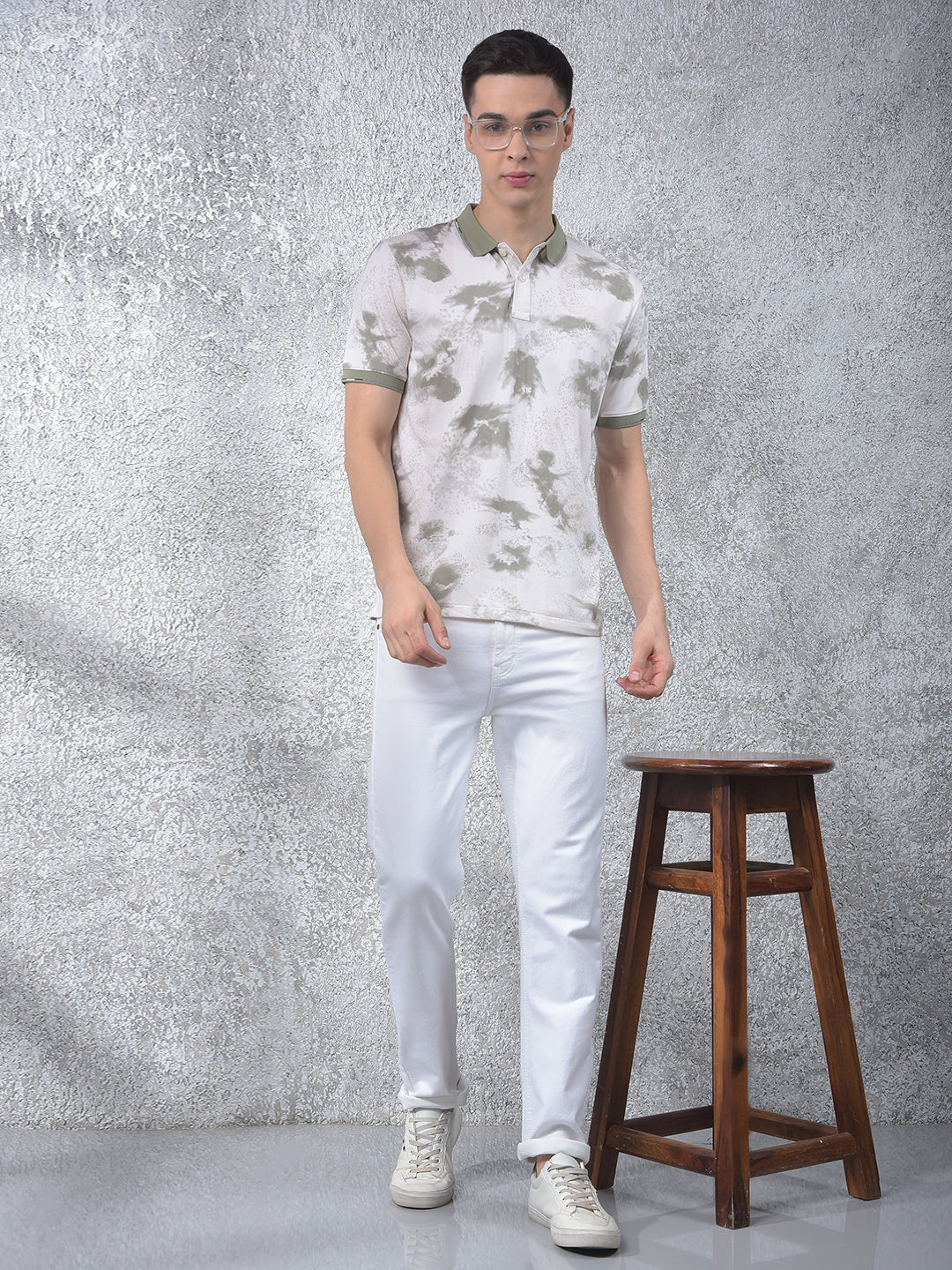 Olive Printed Polo-Neck T-Shirt