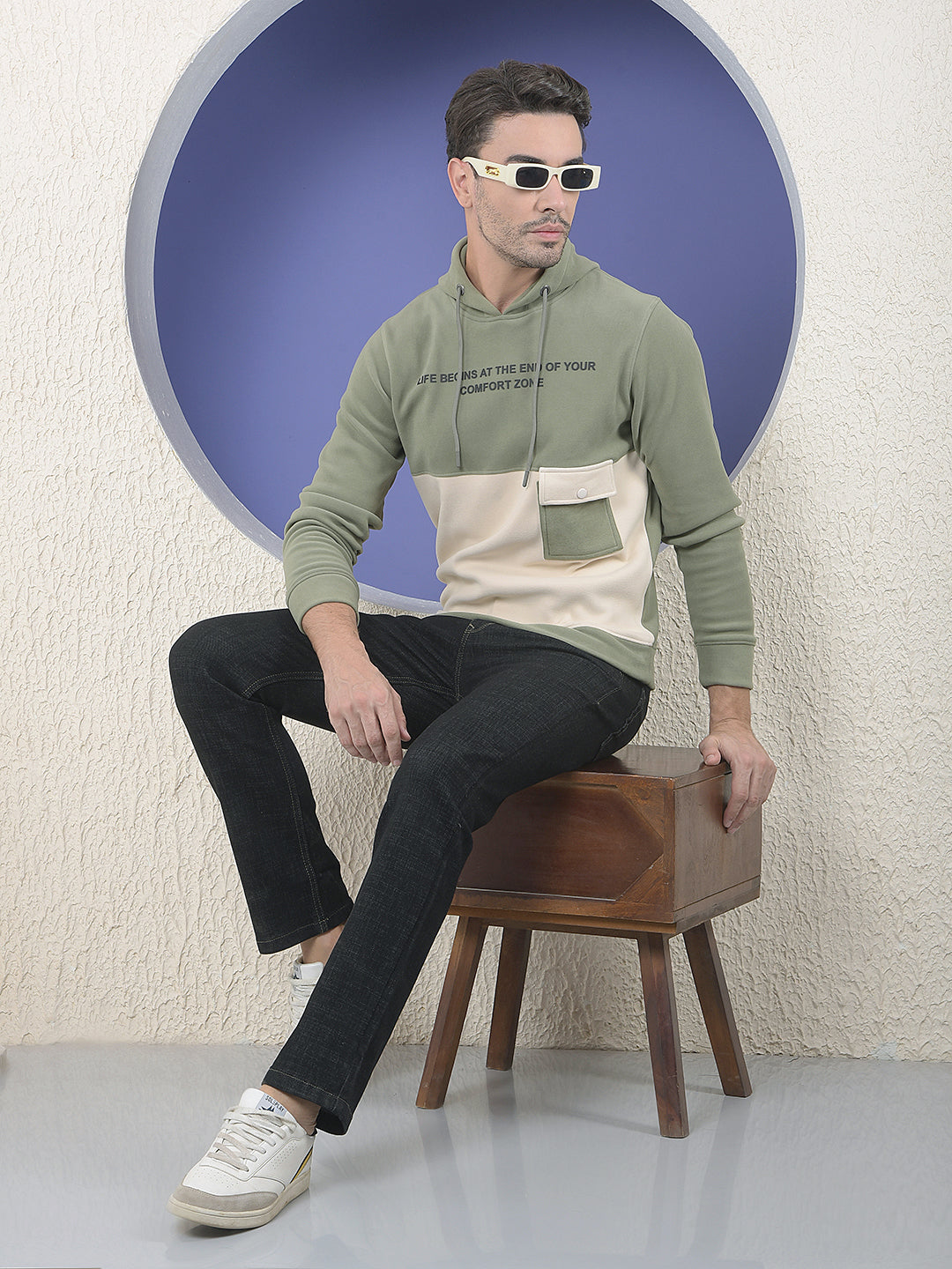 Olive Colourblocked Hooded Sweatshirt With Slogan Printed