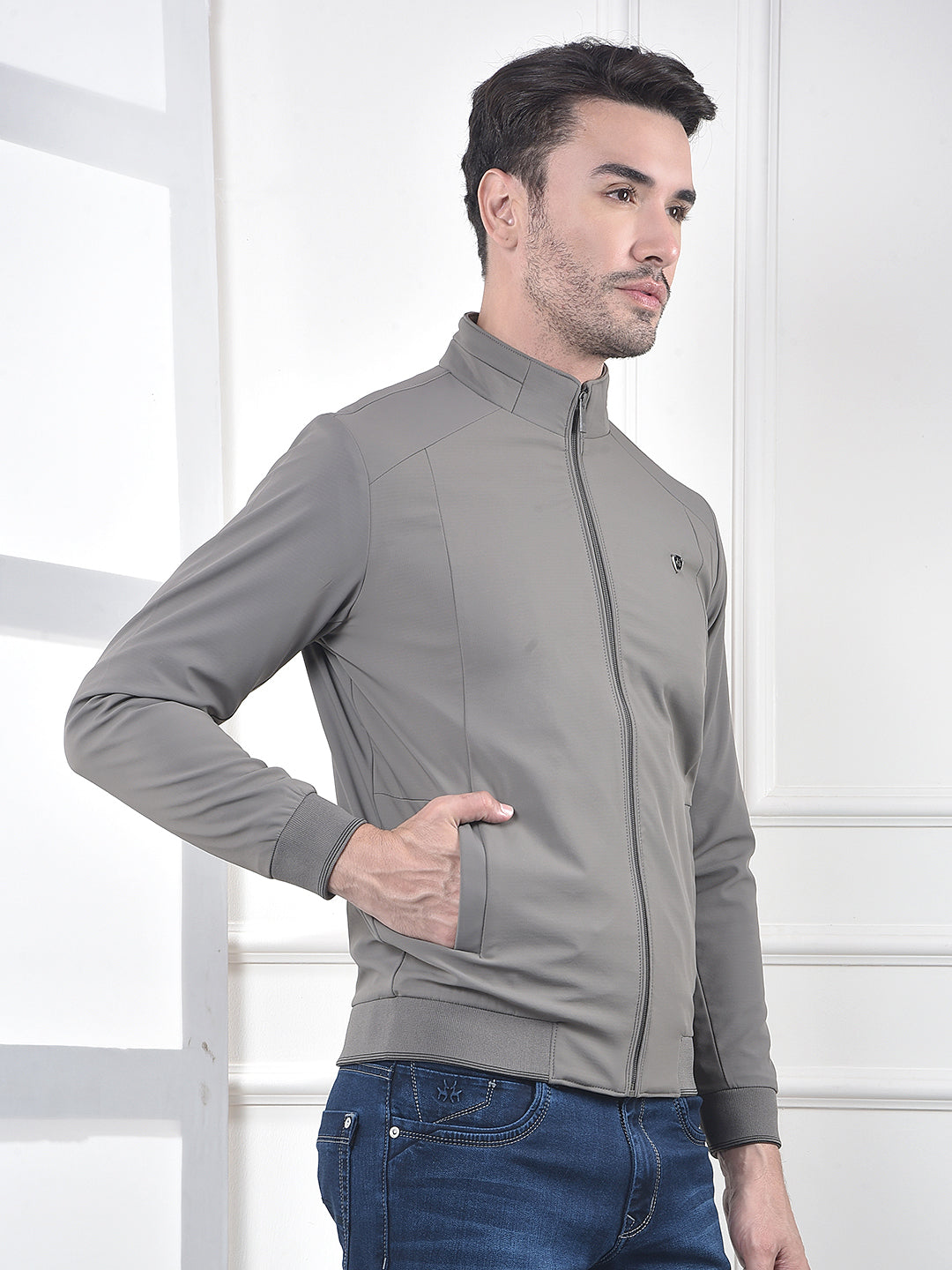 Grey Full-Zip Bomber Jacket