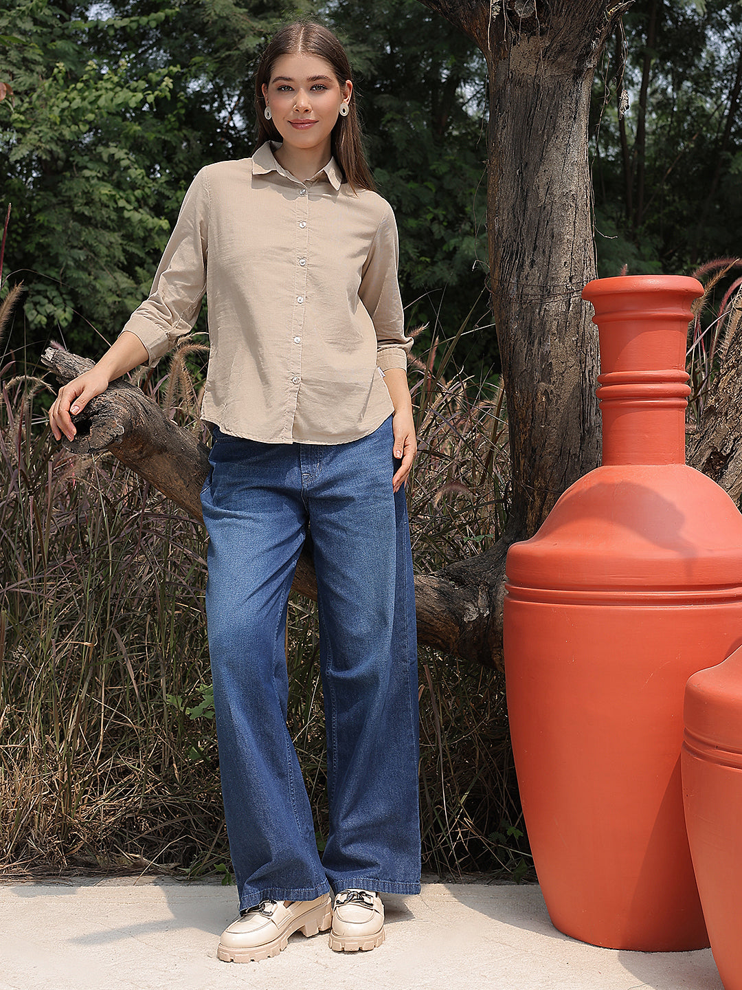 Sleek Warm Sand Beige Corduroy Shirt