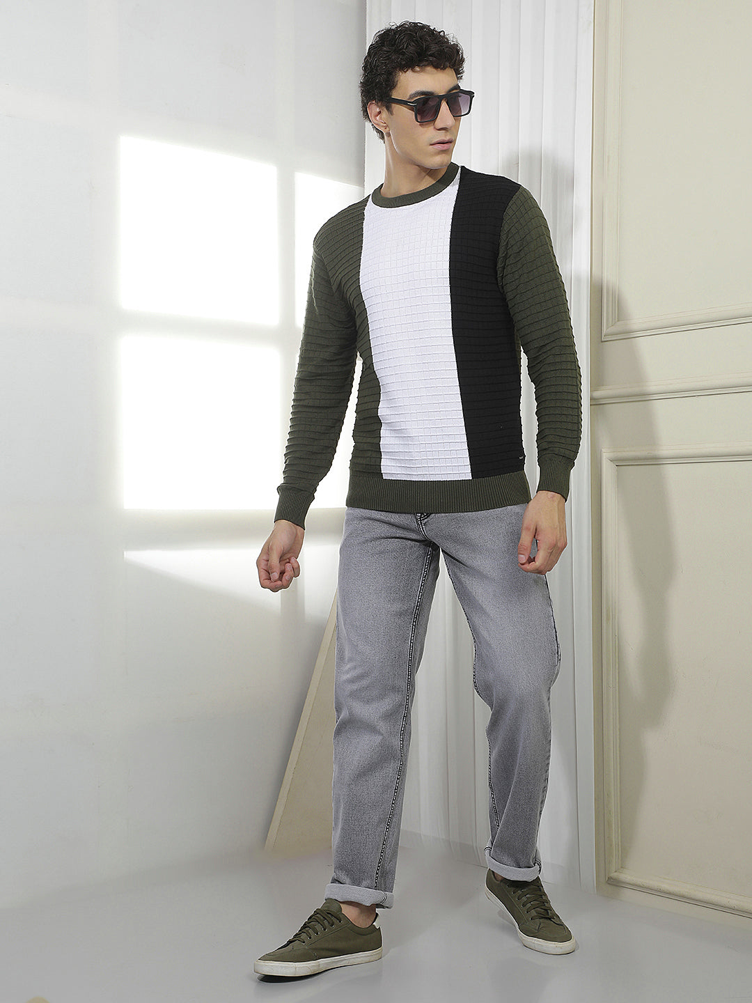 Color-Blocked 100% Cotton Sweater