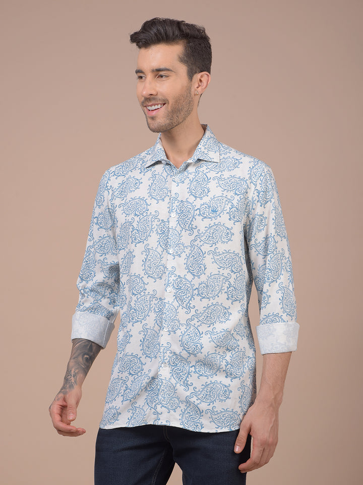 Blue Floral Print Linen Shirt
