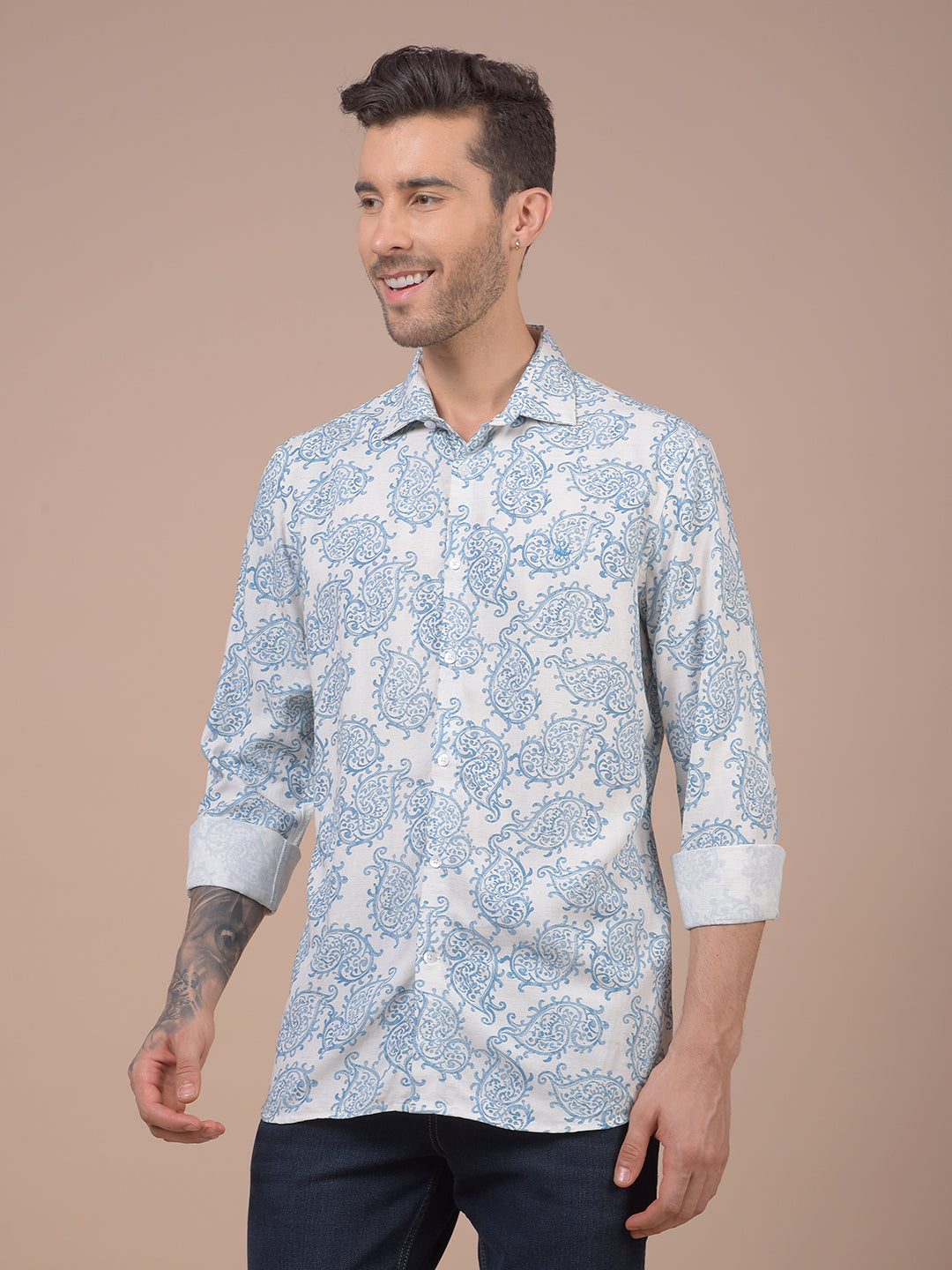 Blue Floral Print Linen Shirt