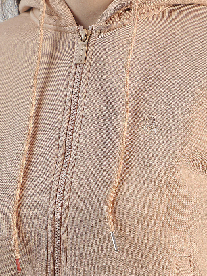 Beige Hooded Front-Open Sweatshirt