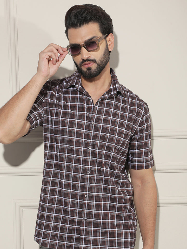 Brown Checked 100% Cotton Shirt