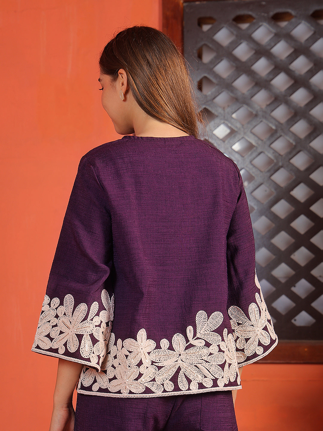 100% Cotton Wine Embroidered Round Neck Top