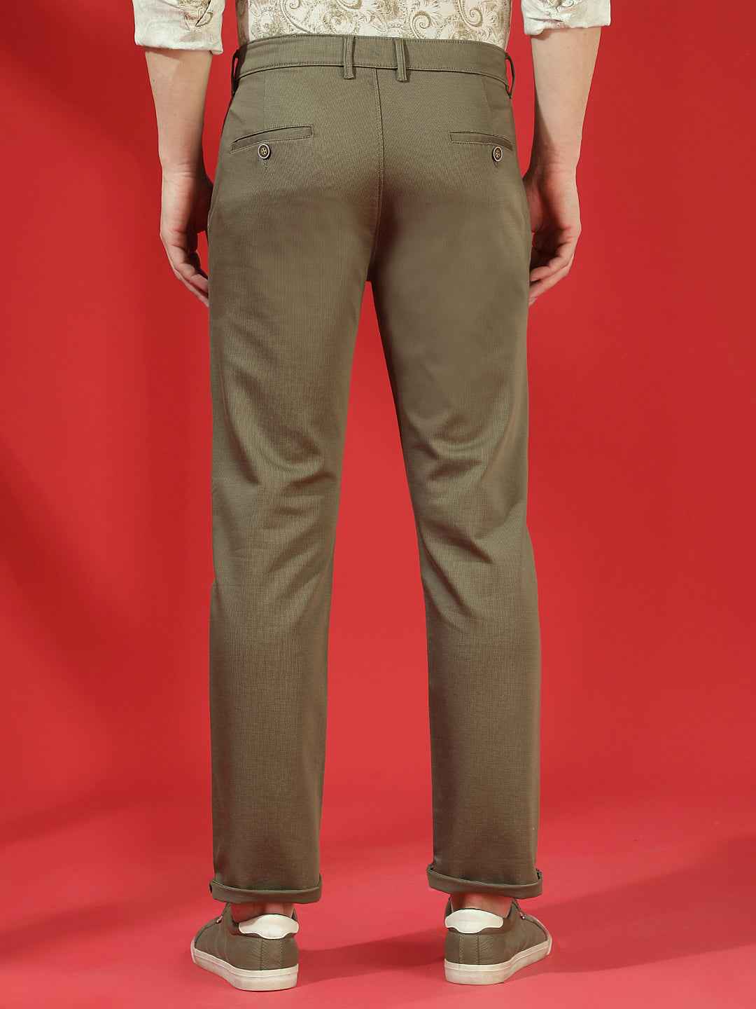 Olive 100% Cotton Geometric Print Straight Trousers