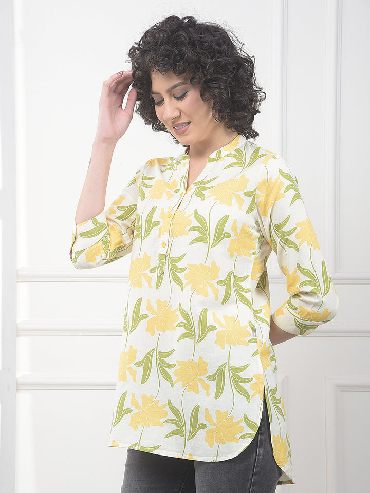 Yellow Floral Print V-Neck Linen Top