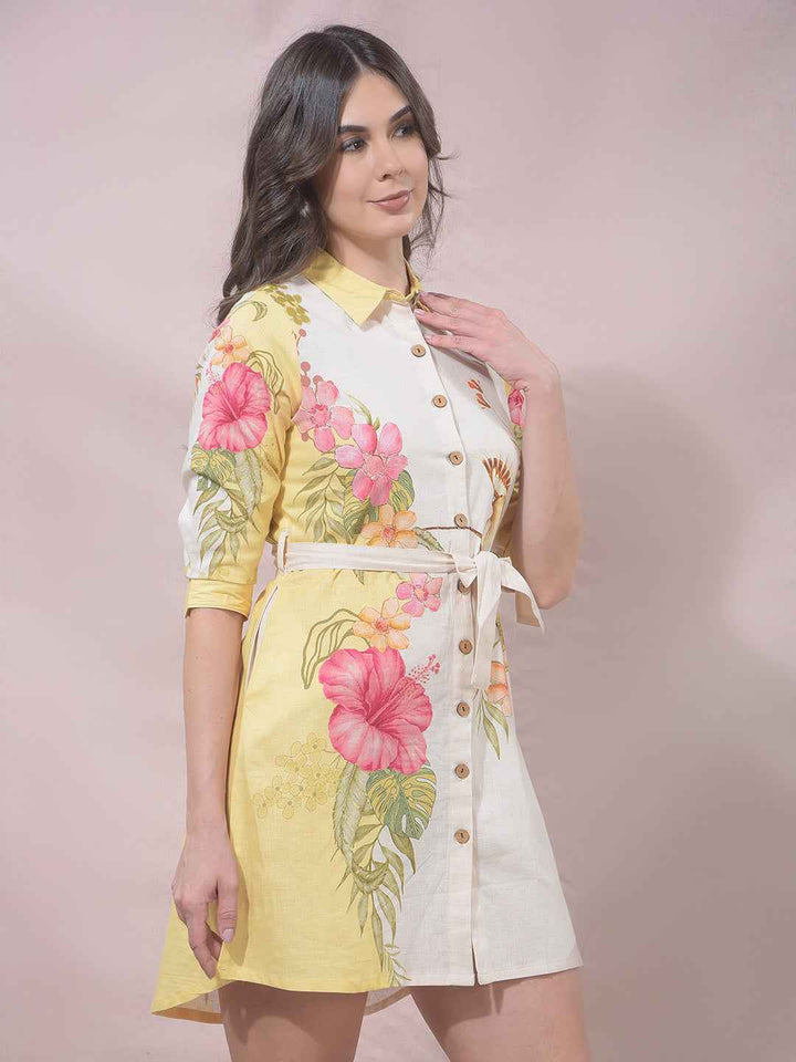 Yellow Floral Print Linen Shirt Dress With Belt