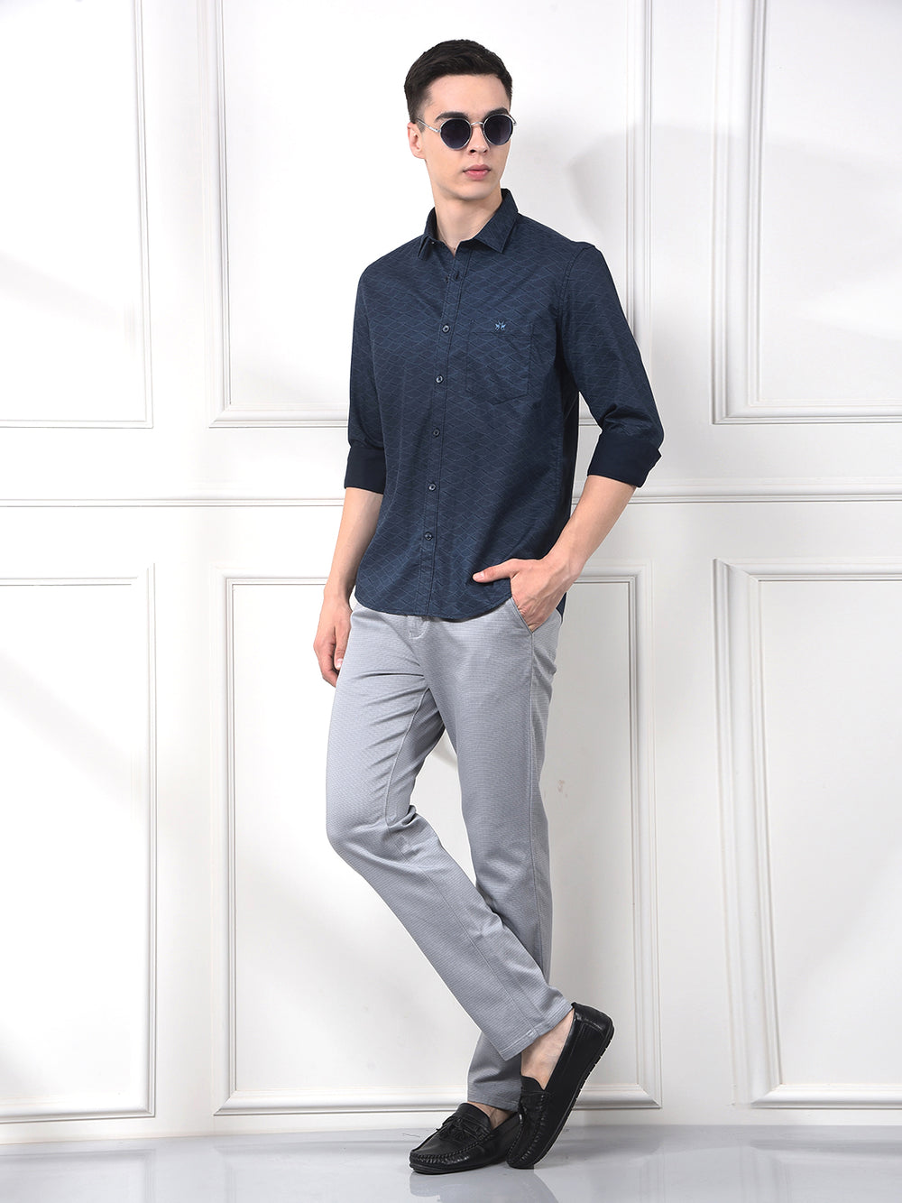 Navy Blue Printed 100% Cotton Shirt