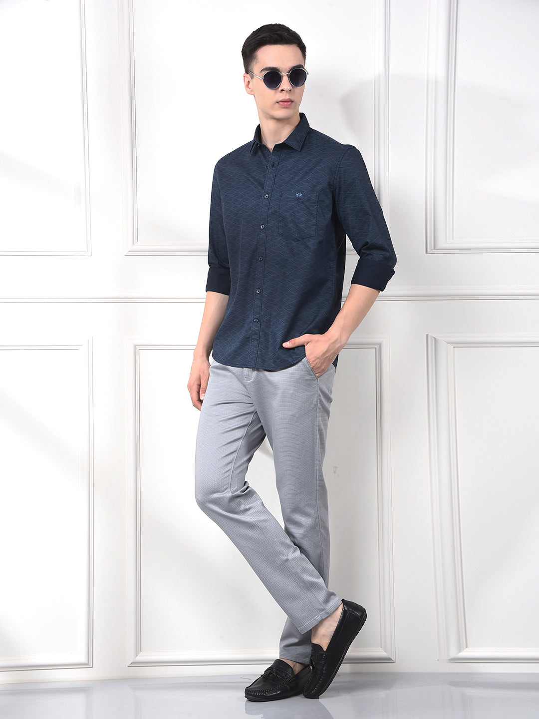 Navy Blue Printed 100% Cotton Shirt