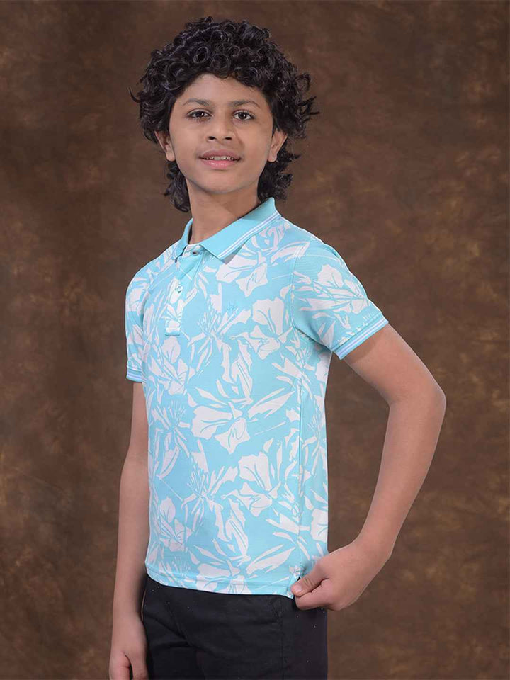Blue Printed Polo Neck T-Shirt