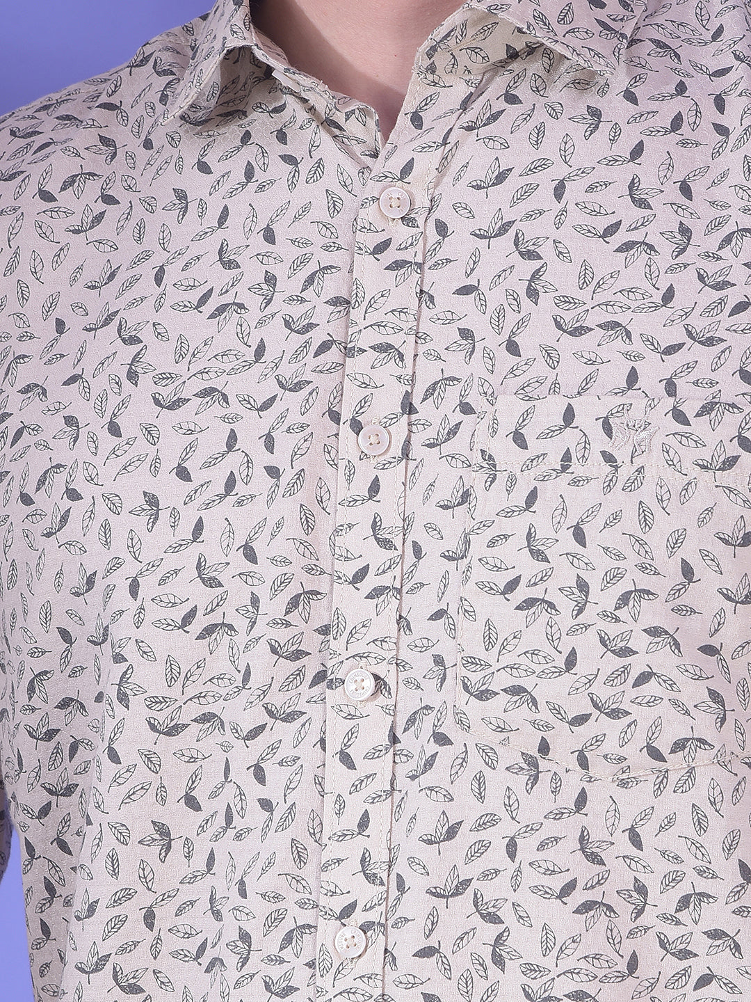 Beige Floral Printed 100% Cotton Shirt