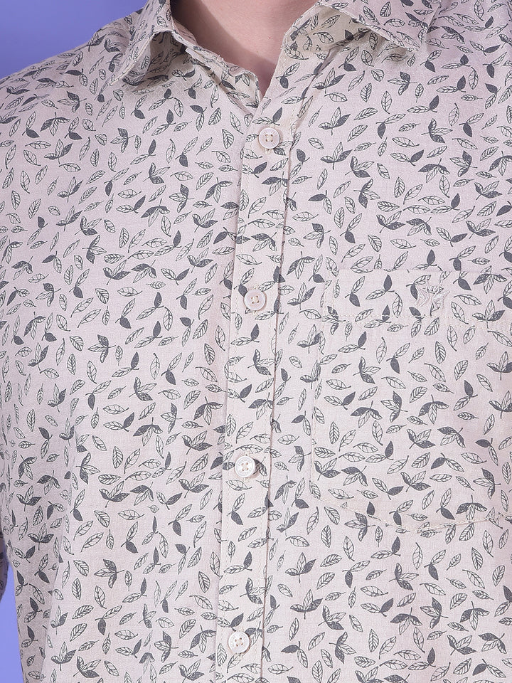 Beige Floral Printed 100% Cotton Shirt