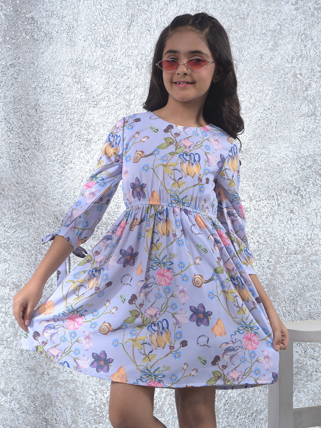 Purple Floral Print A-Line Dress