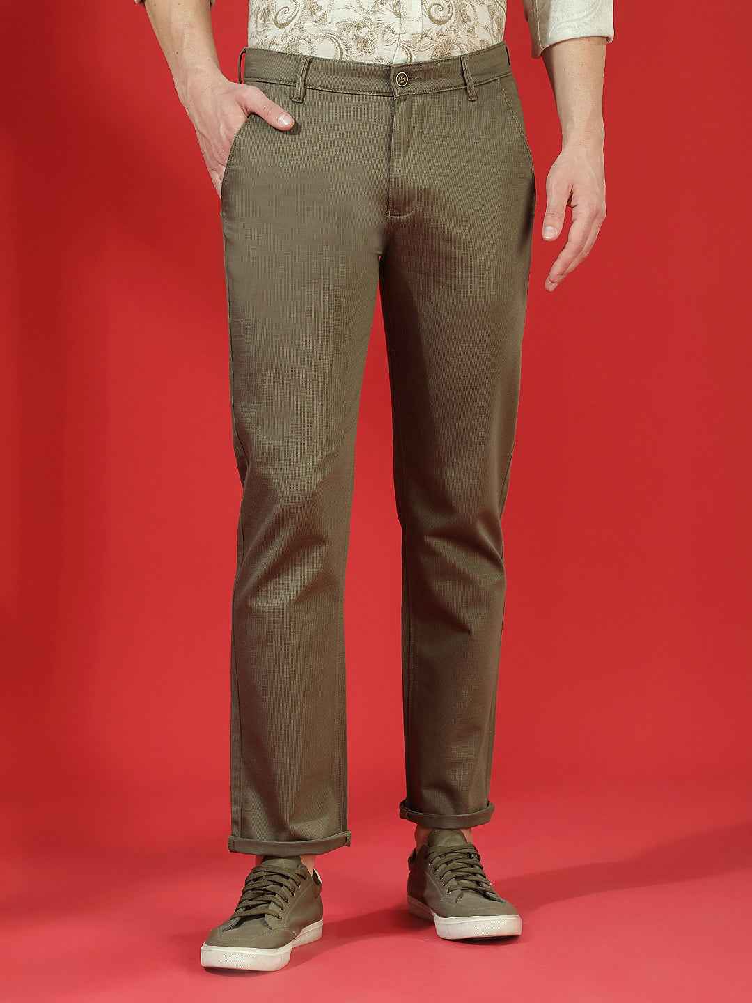 Olive 100% Cotton Geometric Print Straight Trousers