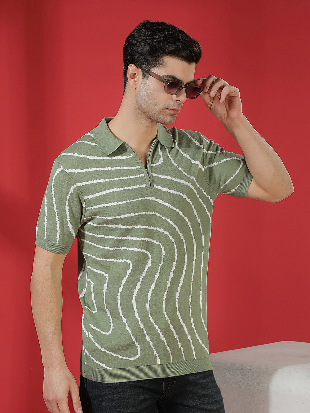 Green 100% Cotton Jacquard Texture Polo T-Shirt