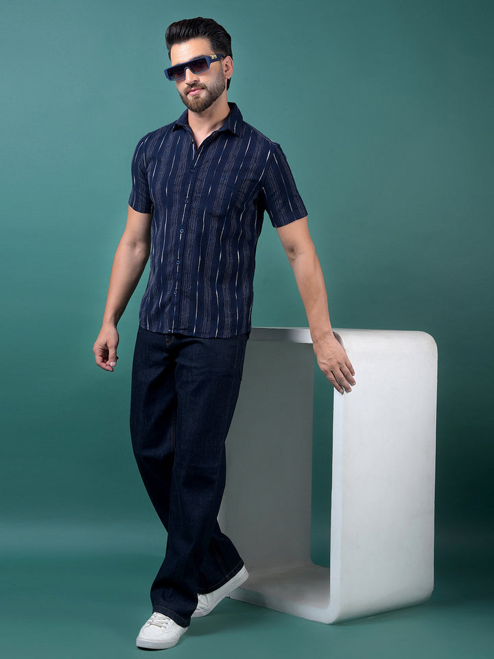 Navy Blue Vertical Stripes 100% Cotton Shirt-Men Shirts-Crimsoune Club
