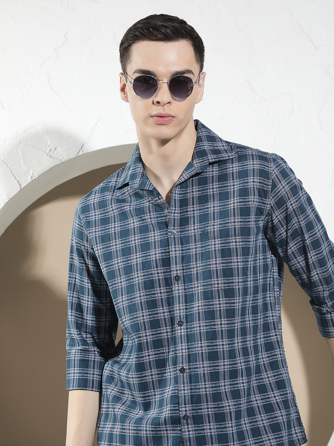 Teal Blue 100% Cotton Checked Shirt