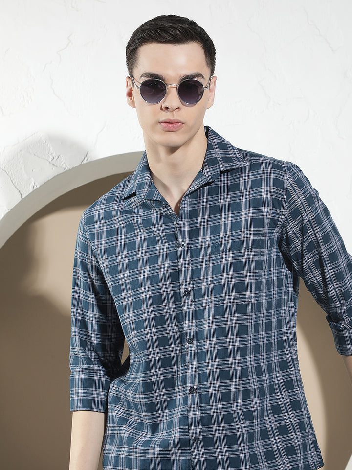 Teal Blue 100% Cotton Checked Shirt