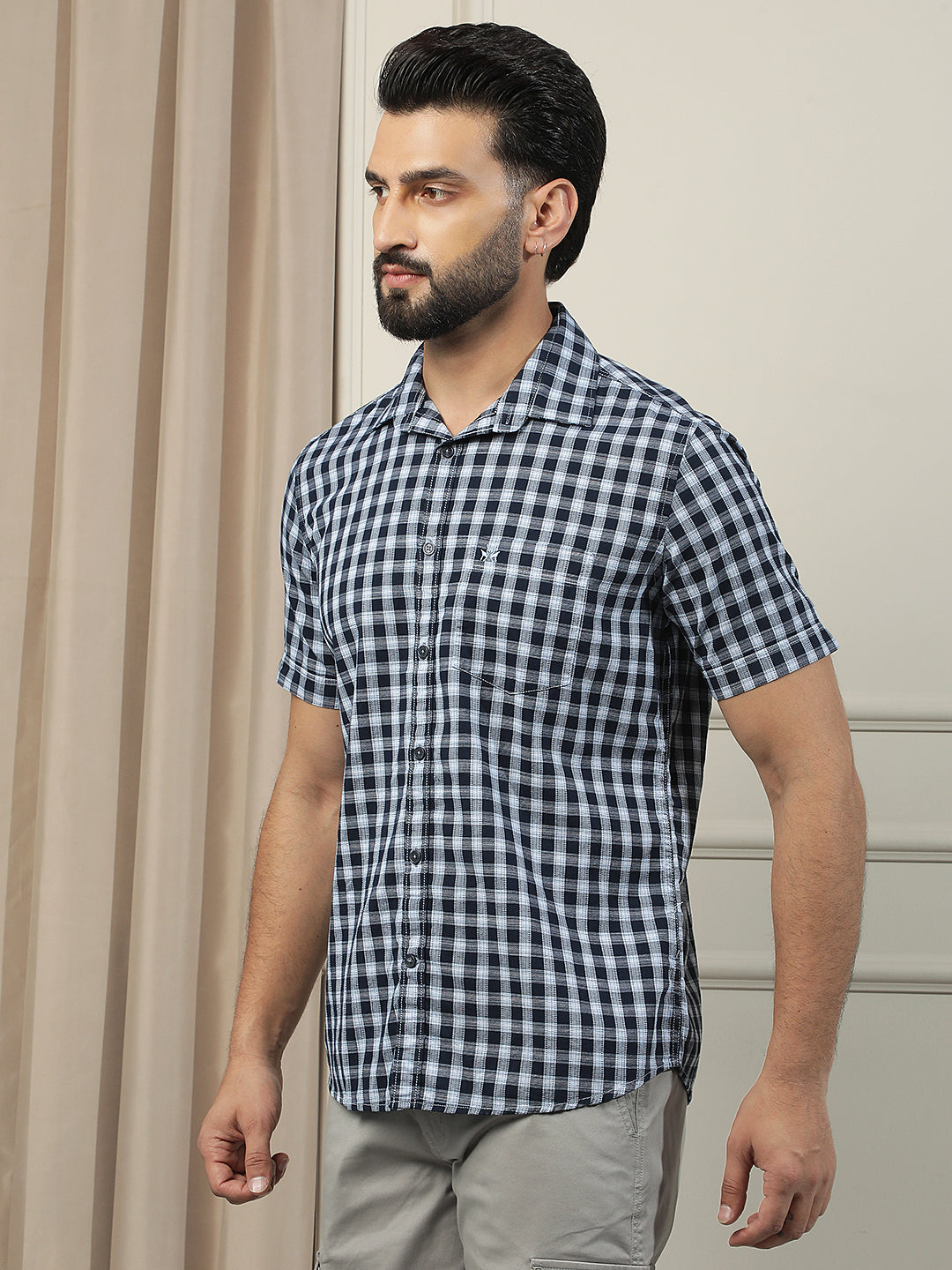 Navy Blue Checked 100% Cotton Shirt