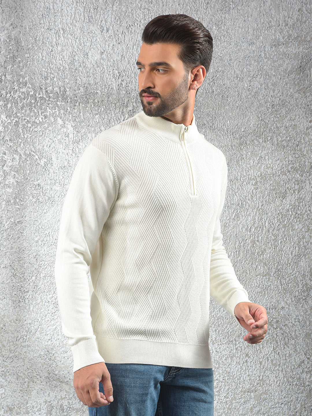 Off White Jacquard 100% Cotton Sweater