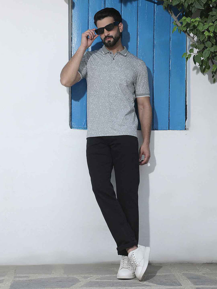 Grey Printed Polo Neck T-Shirt
