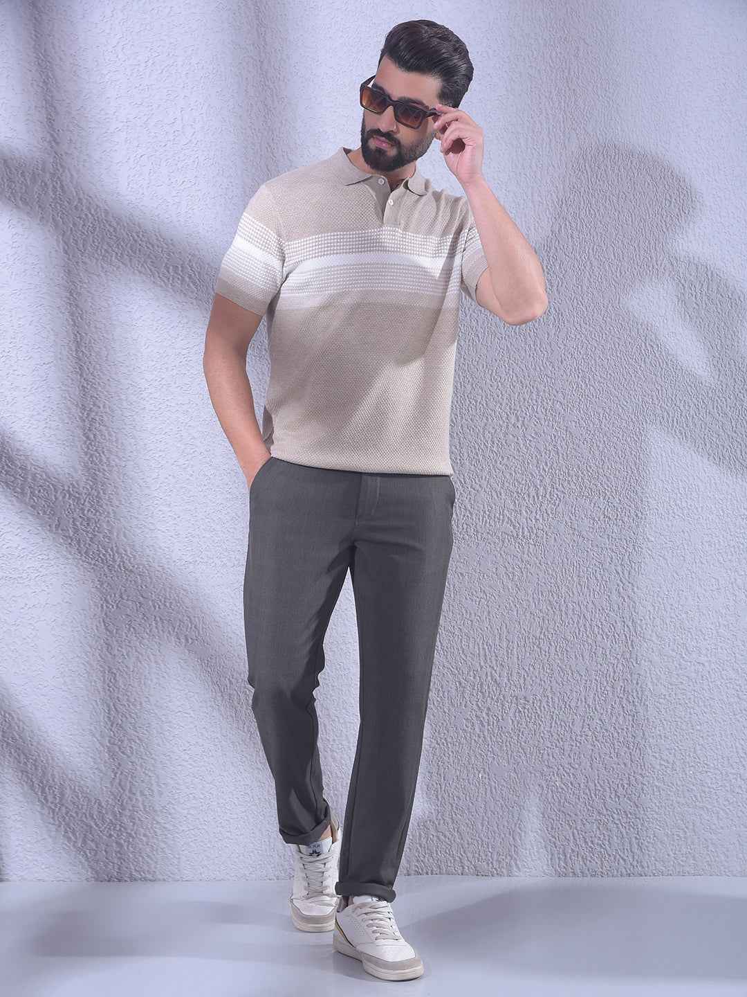 Beige Horizontal Stripes Knitted T-Shirt