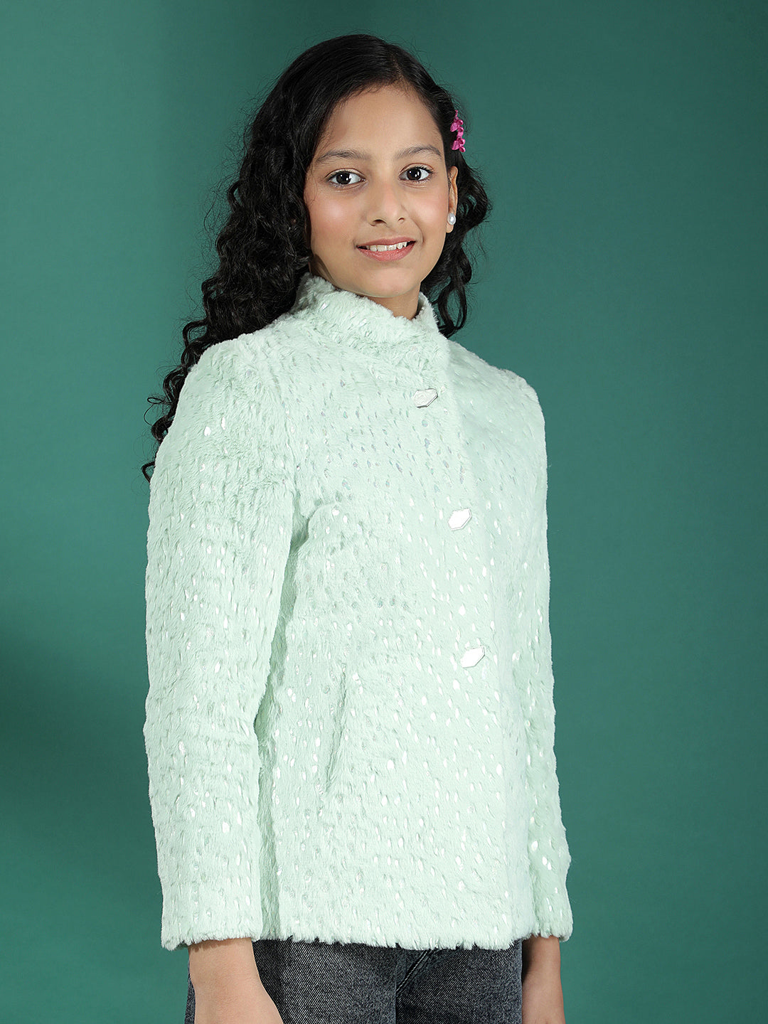 Green Embellished High Neck Fur Coat