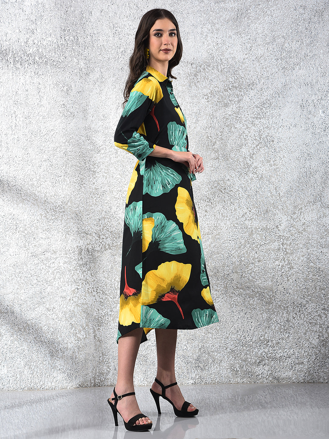 Black Floral Print Midi Shirt-Dress With Belt