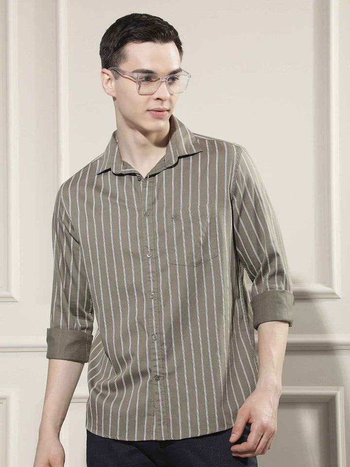 Olive Vertical Stripes Shirt