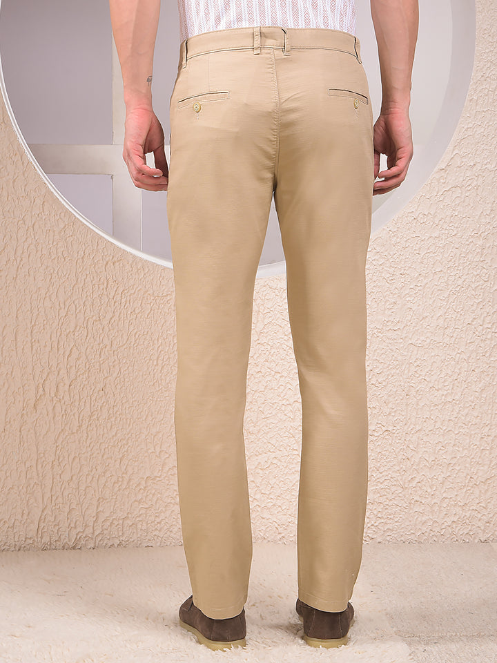 Beige Textured 100% Cotton Trousers
