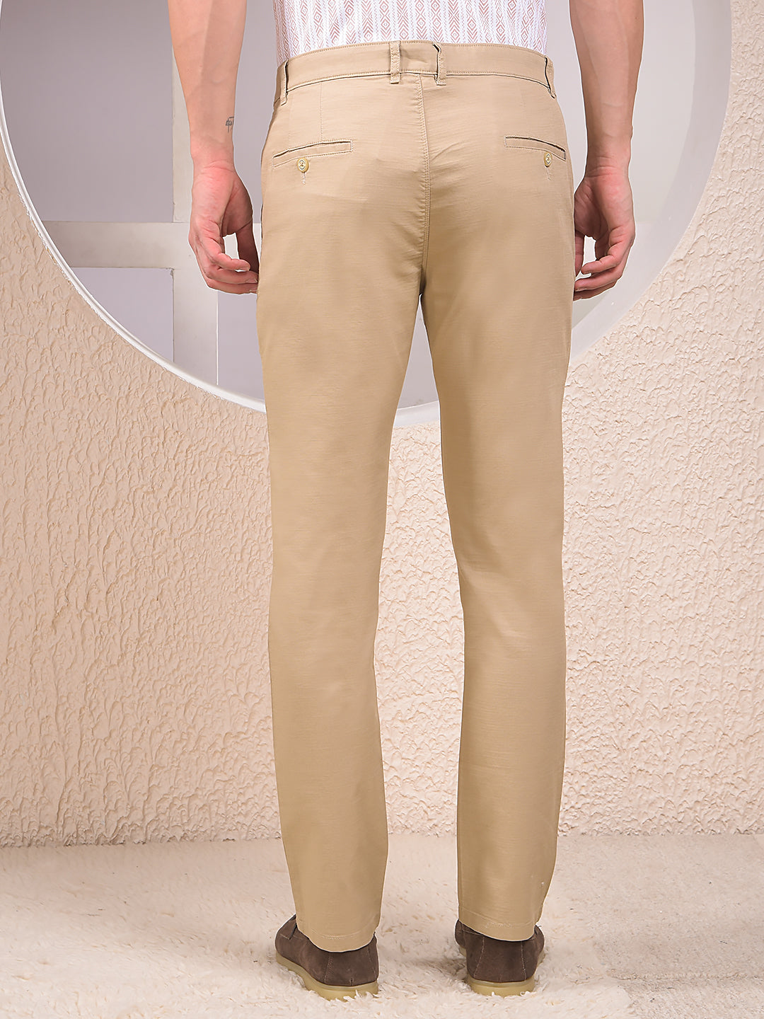 Beige Textured 100% Cotton Trousers