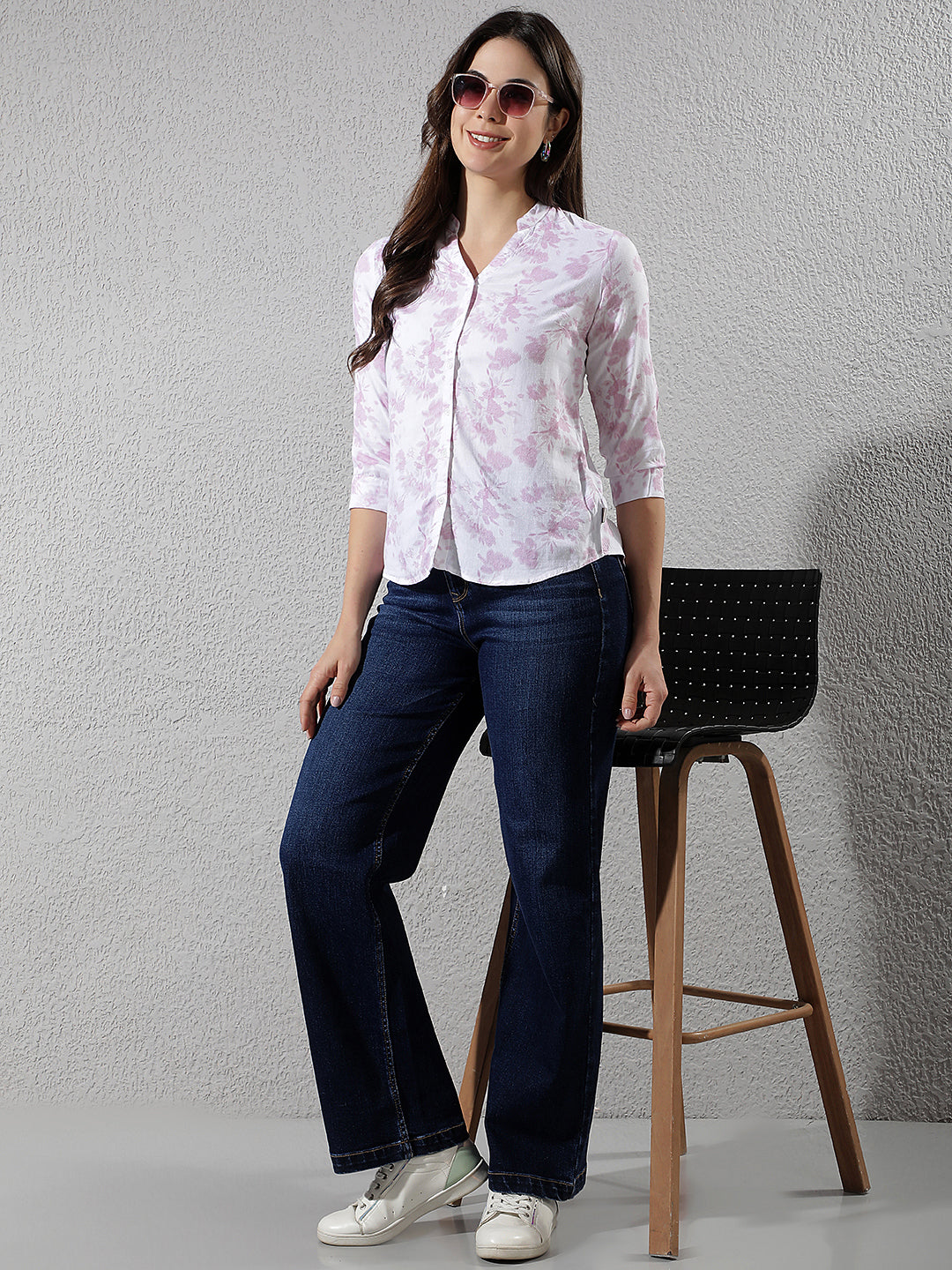 Pink Floral Print V-Neck Linen Shirt