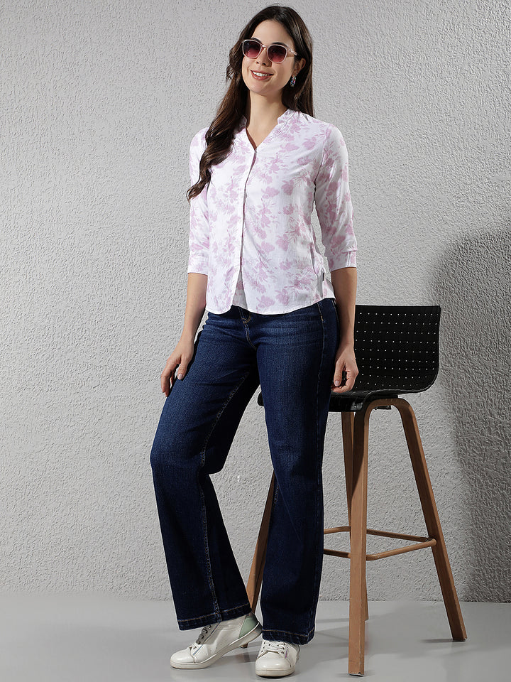 Pink Floral Print V-Neck Linen Shirt