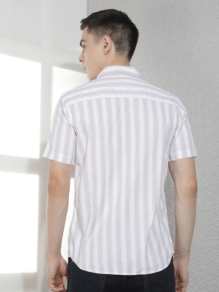 Brown 100% Cotton Vertical Stripes Shirt