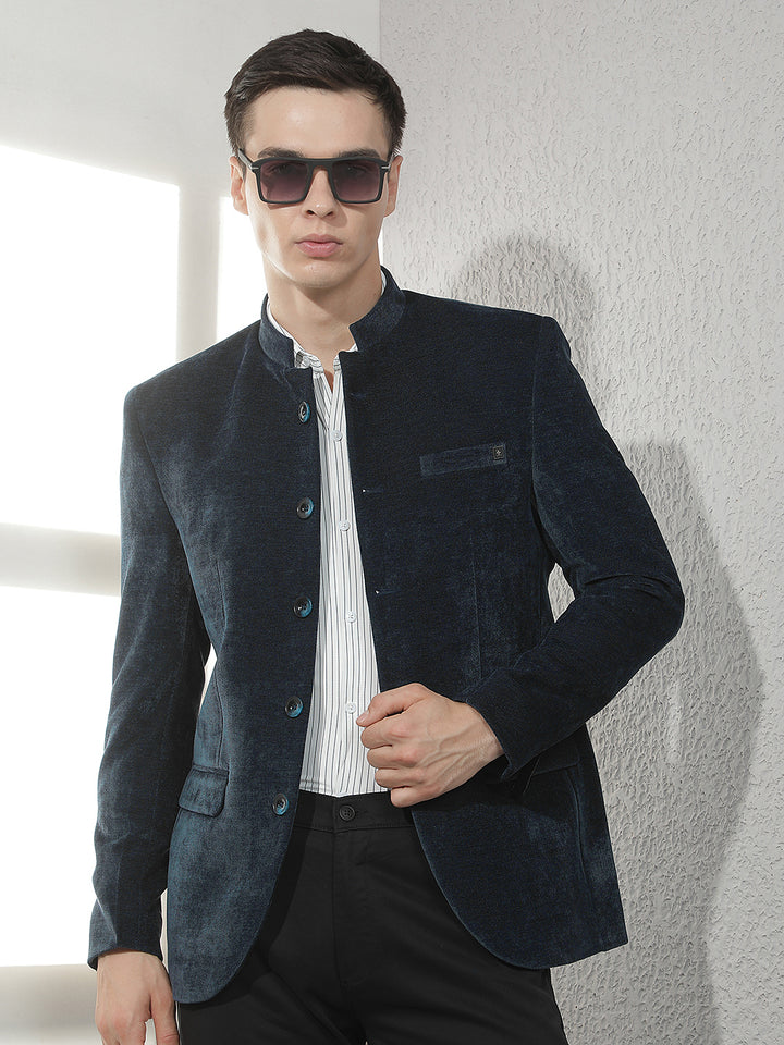 Navy Blue Mandarin Neck Blazer