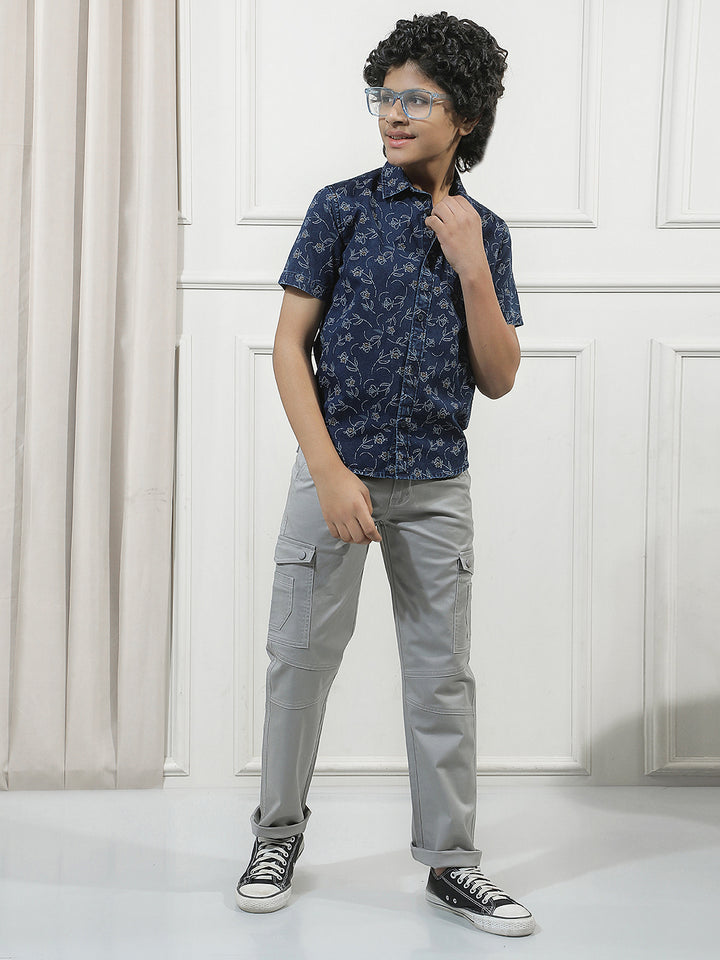Navy Blue 100% Cotton Floral Print Shirt