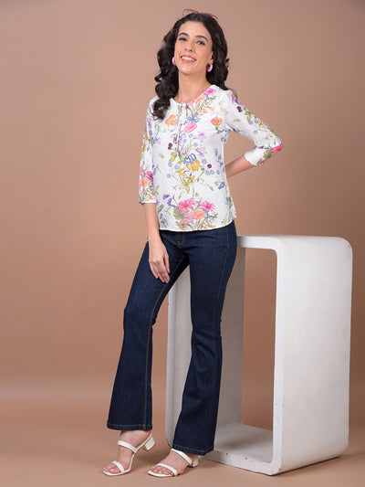 White Floral Print Top