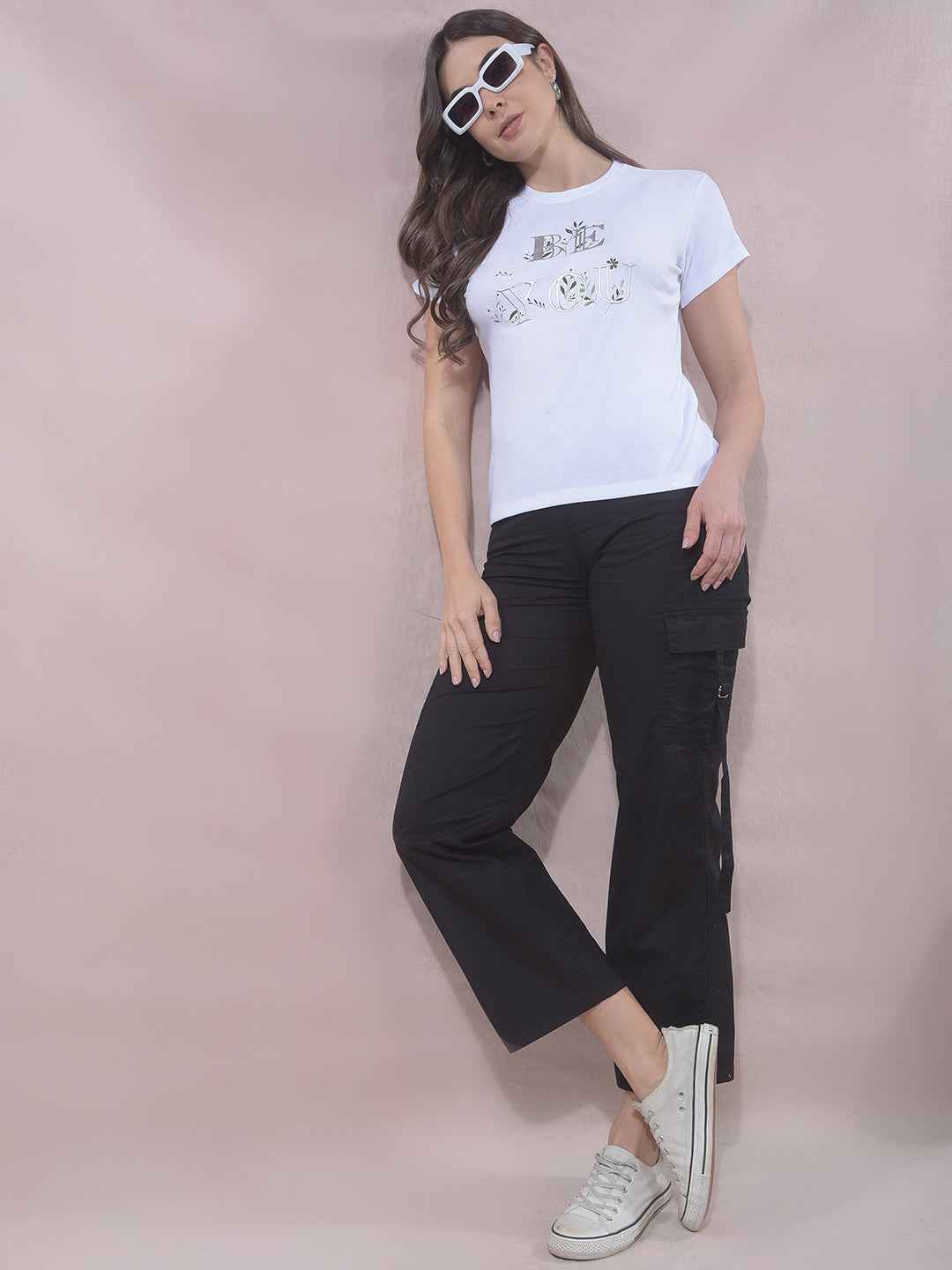 White Typographic Print Modal T-Shirt