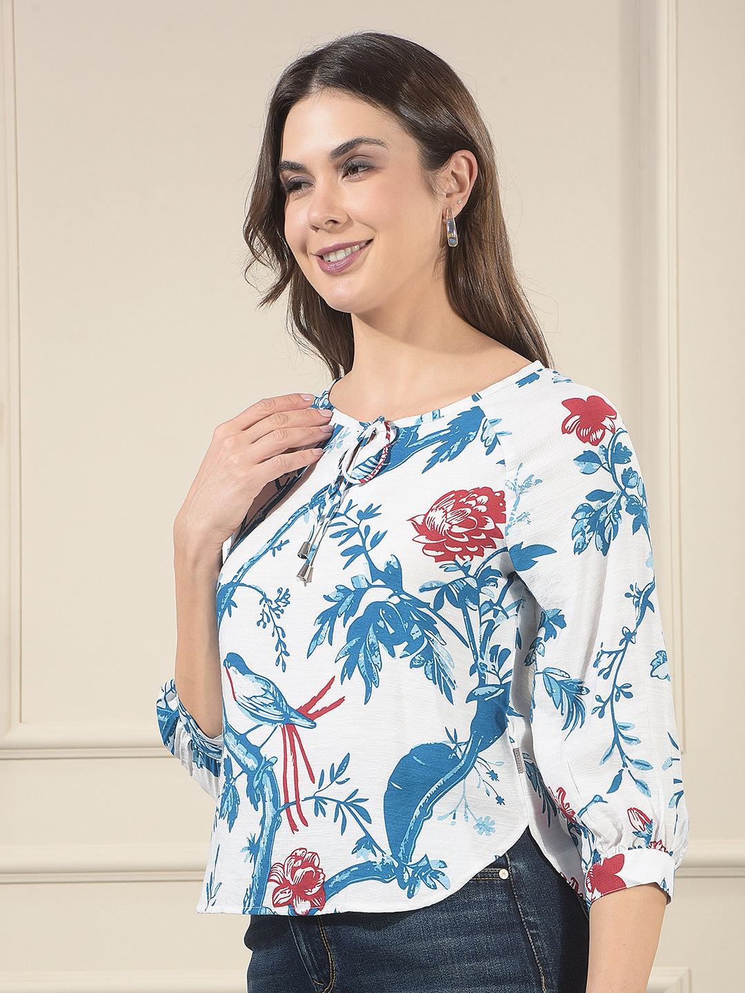 Blue Floral Print Longline Shirt
